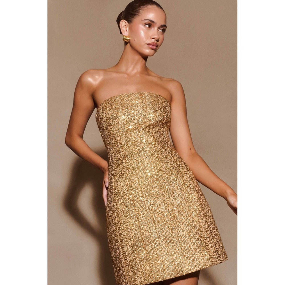 MESHKI Gala Gold Strapless Tweed Fit & Flare Mini Dress Size XS